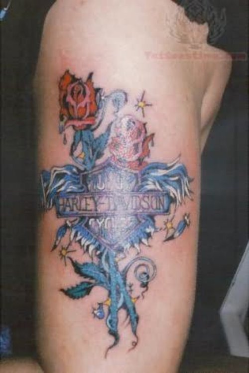 Color ink Harley Davidson And Red Roses Tattoo